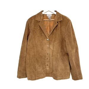 Victor Costa Occasion Floral Laser Cut Genuine Suede Leather Jacket Boho‎ Sz XL